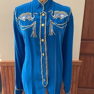 Bob Mackie Wearable Art:  Blue Button-Down with Embroidered Elephants, 1X